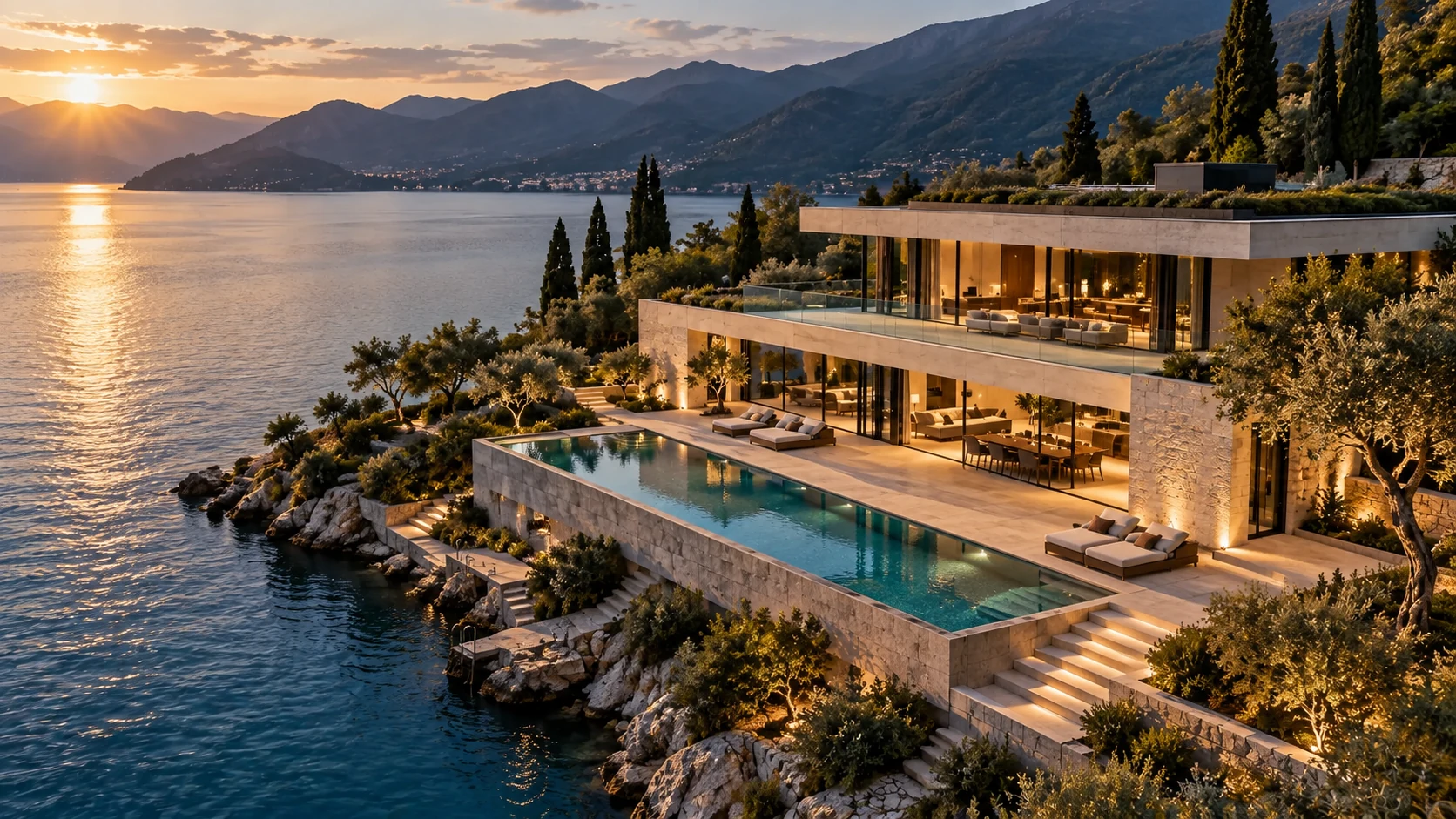Villa Lago a tájban – generált építészeti koncepció.